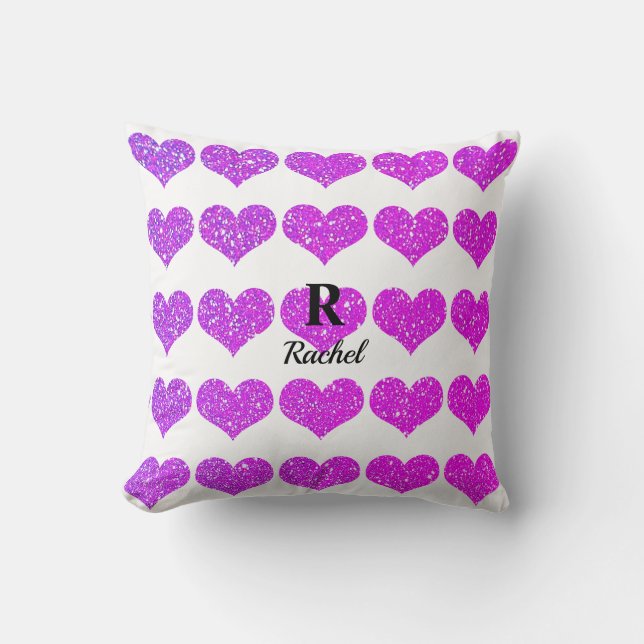 Pink Purple Glitter Valentines Day Monograms Heart Throw Pillow (Front)