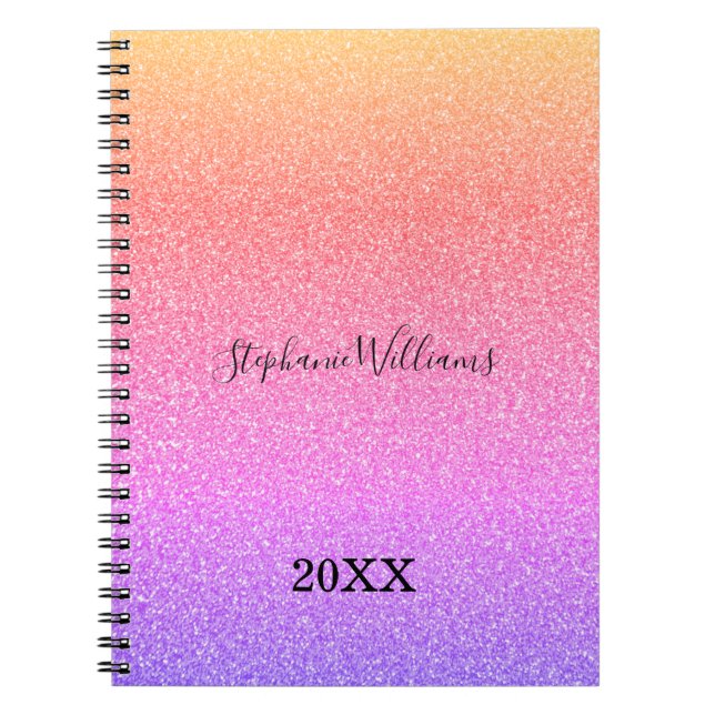 Pink Purple Glittery Custom Name Ombre Cute Girly Notebook (Front)