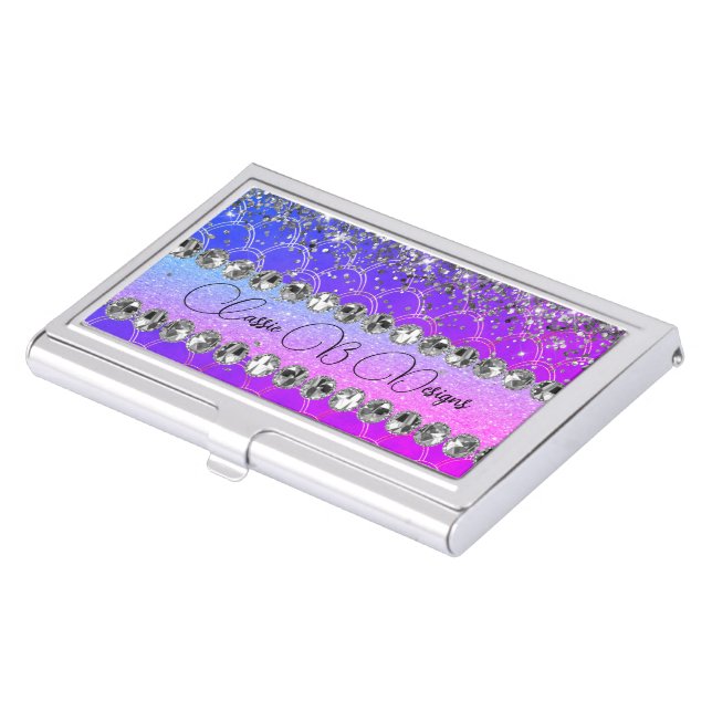  Pink Purple Glittery Diamond Bling Personalized   Business Card Case (Front)