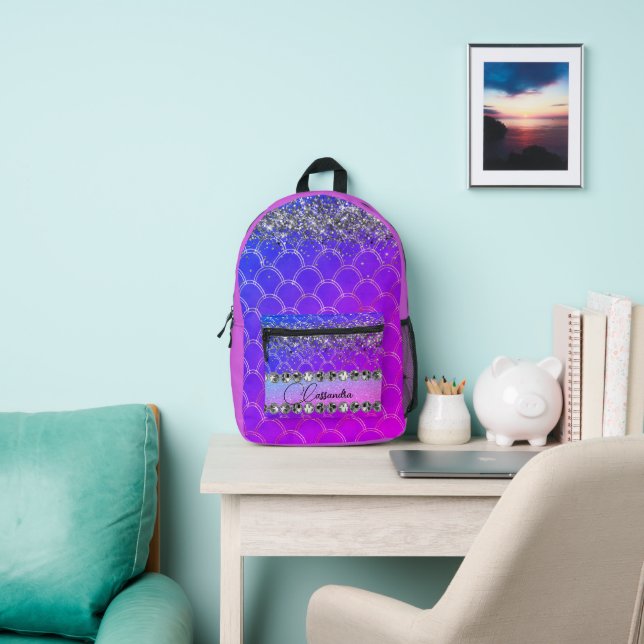  Pink Purple Glittery Diamond Bling Personalized   Printed Backpack (Insitu)