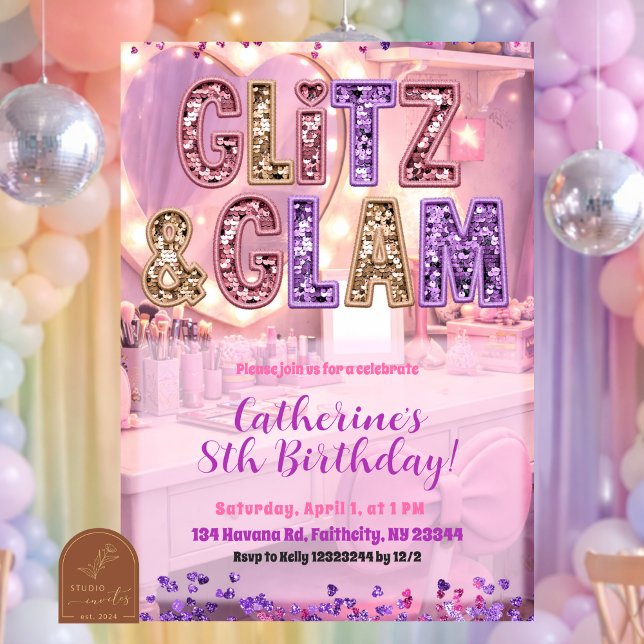 Pink Purple Glitz and Glam Makeup Party Invitation (Creator Uploaded)