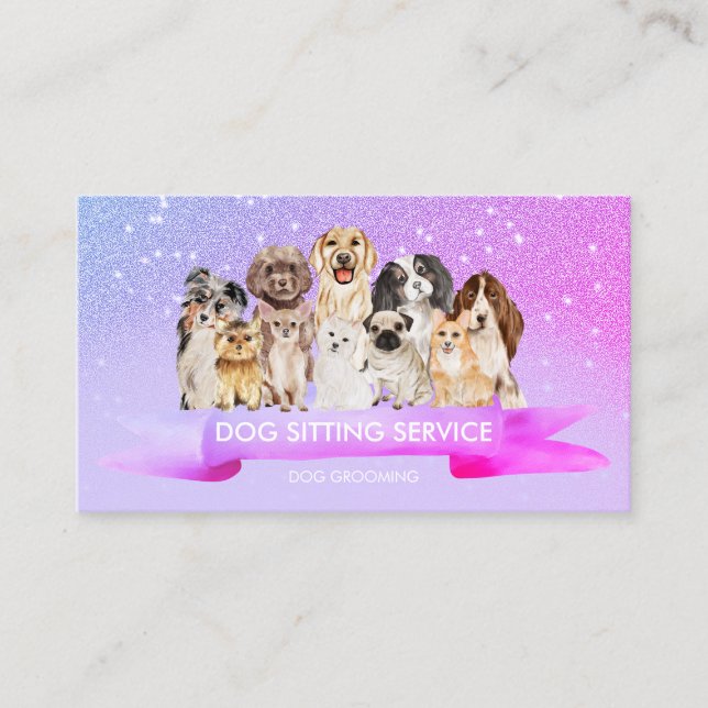 Pink Purple Glitz Petsitter Dog Groomer Business Card (Front)