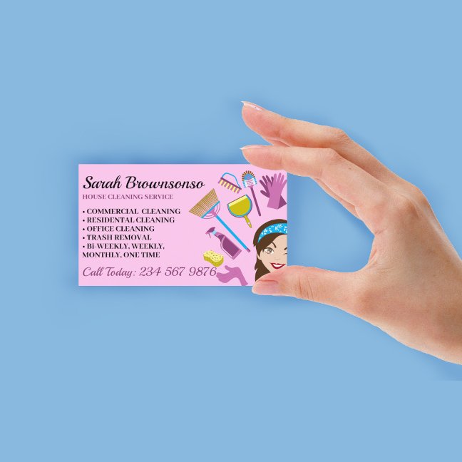 Pink Purple Gloves Cartoon Maid Home Cleaning Business Card