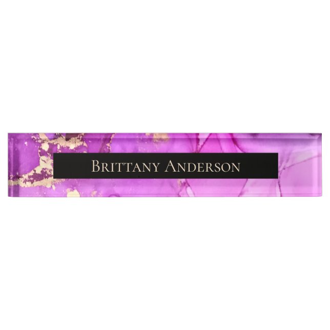 Pink Purple Gold Abstract Alcohol Ink  Desk Name Plate (Front)