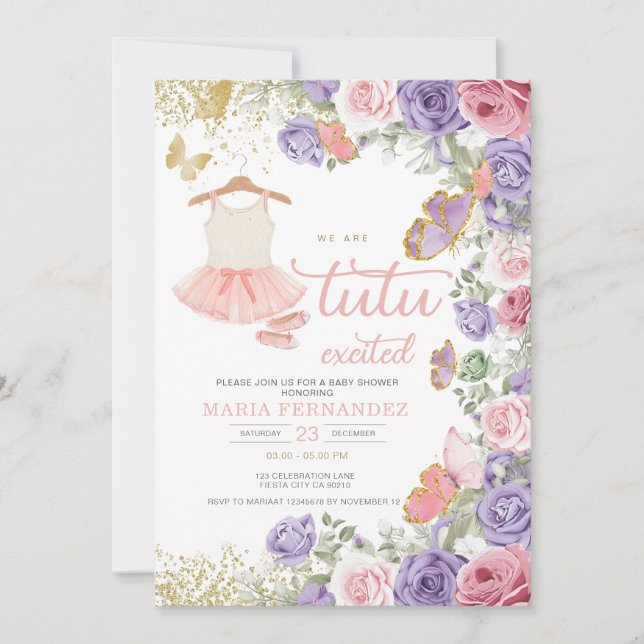 Pink Purple Gold Ballet Girl Baby Shower Invitation (Front)
