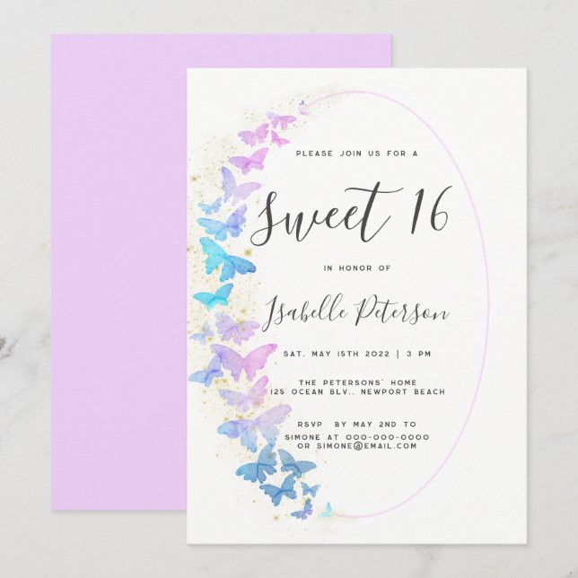Pink Purple Gold Butterflies Boho Frame Sweet 16 Invitation (Front/Back)