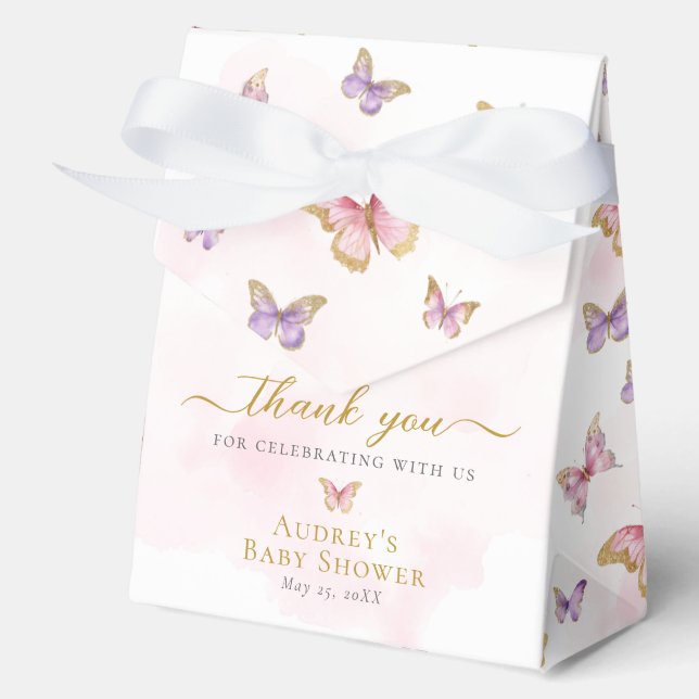 Pink Purple Gold Butterfly Baby Girl Shower Favor Boxes (Front)