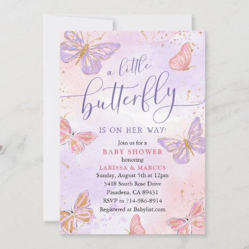 Pink Purple Gold Butterfly Baby Shower Invitation | Zazzle