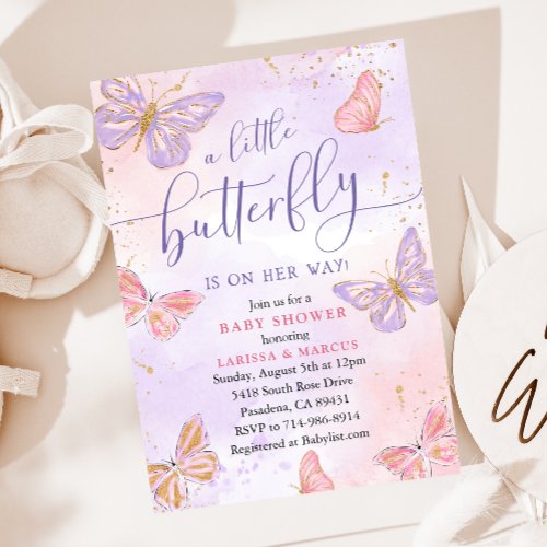Pink Purple Gold Butterfly Baby Shower Invitation