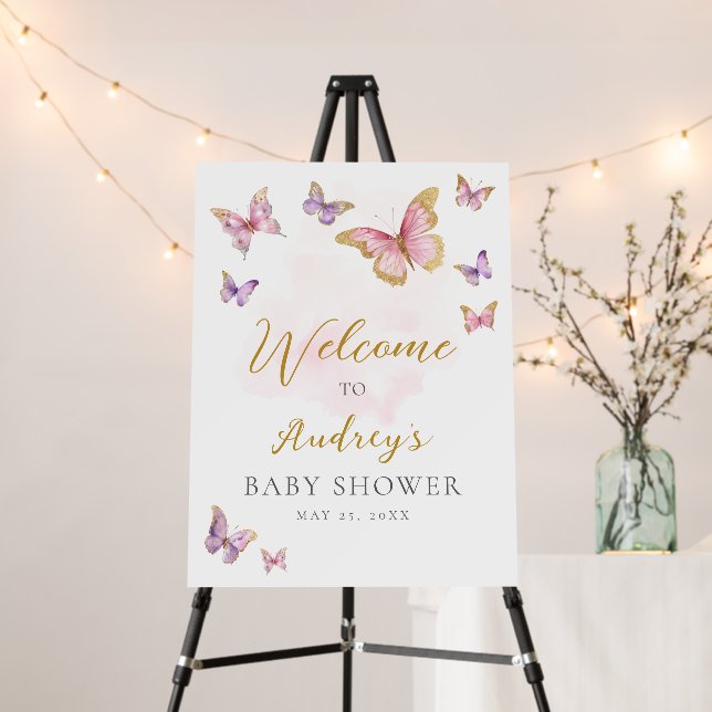 Pink Purple Gold Butterfly Baby Shower Welcome Foam Board (In Situ (Stand))