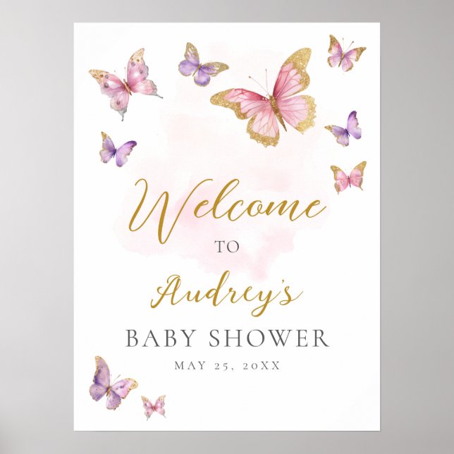 Pink Purple Gold Butterfly Baby Shower Welcome Poster (Front)