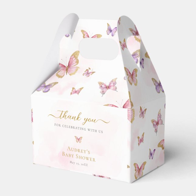 Pink Purple Gold Butterfly Girl Baby Shower Favor Boxes (Front Side)