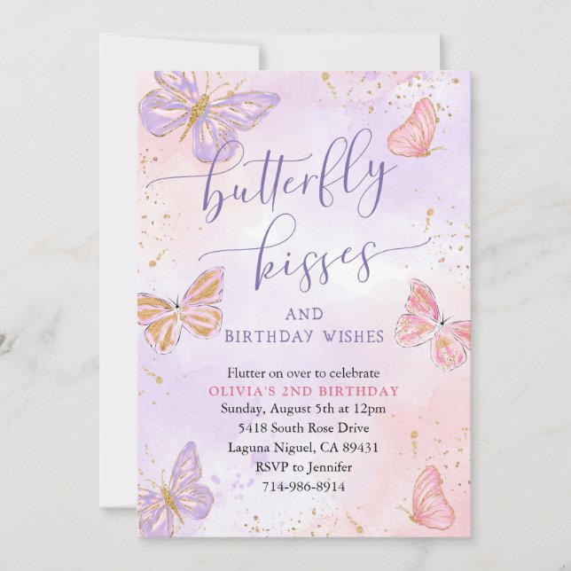 Pink Purple Gold Butterfly Kisses Birthday  Invitation (Front)