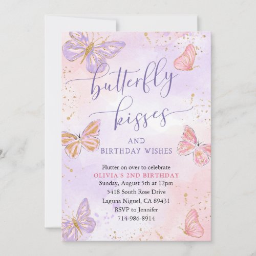 Pink Purple Gold Butterfly Kisses Birthday  Invitation