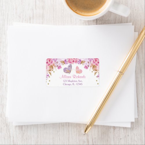 Pink purple gold floral butterfly label