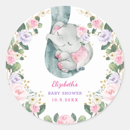 Pink Purple Gold Floral Elephant Girl Baby Shower Classic Round Sticker