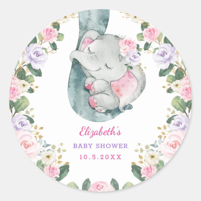 Pink Purple Gold Floral Elephant Girl Baby Shower Classic Round Sticker (Front)