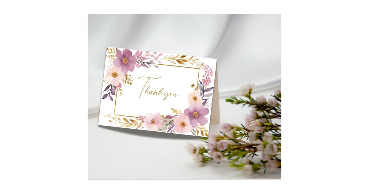 Pink Purple Gold Floral Watercolor Bridal Shower Thank You Card | Zazzle
