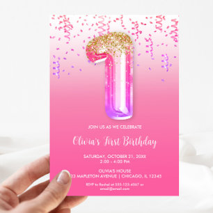 Pink purple gold foil balloon girls 1st birthday invitation