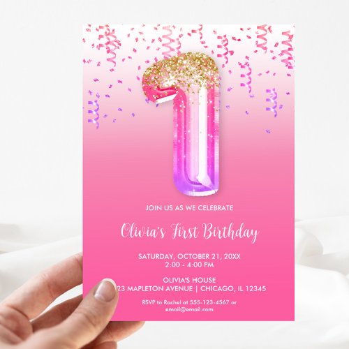 Pink purple gold foil balloon girls 1st birthday invitation