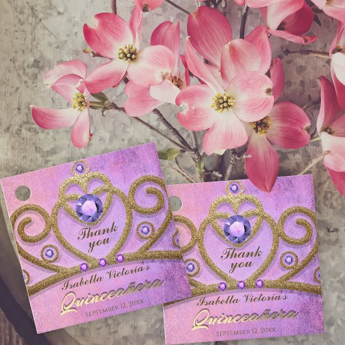 Pink Purple Gold Gitter Jeweled Tiara Quinceaera Favor Tags