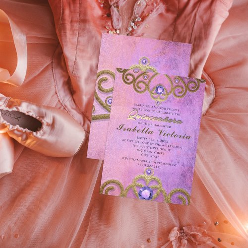 Pink Purple Gold Gitter Jeweled Tiara Quinceaera  Invitation