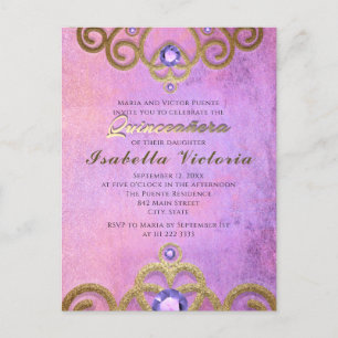 Pink Purple Gold Gitter Jeweled Tiara Quinceañera Postcard