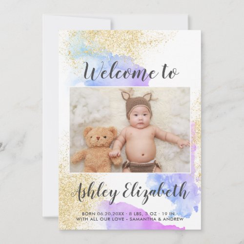 Pink purple gold glitter baby birth announcement