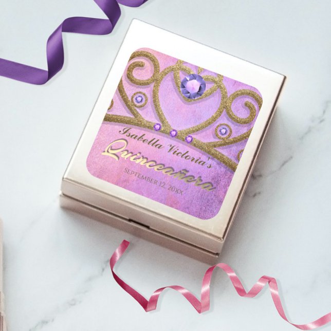 Pink Purple Gold Glitter Jeweled Tiara Quinceañera Square Sticker (Creator Uploaded)
