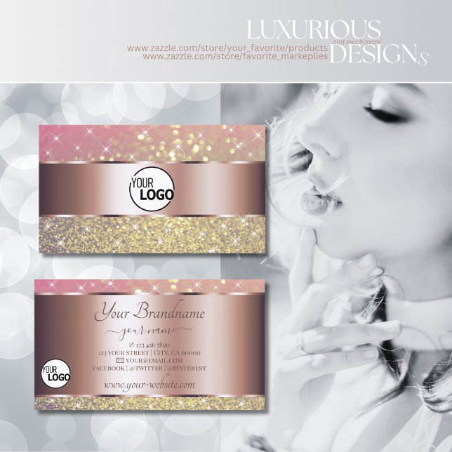 Pink Purple Gold Glitter Stars and Logo Rose Gold Business Card (Creator Uploaded)