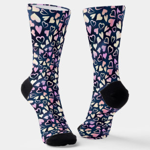 Pink Purple Gold Heart Pattern Crew Socks