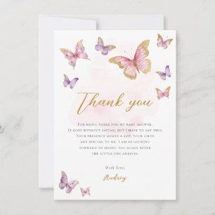 Pink Purple Gold Little Butterfly Girl Baby Shower Thank You Card