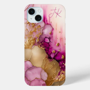 Pink Purple Gold Marble Personalized Monogram iPhone 15 Plus Case