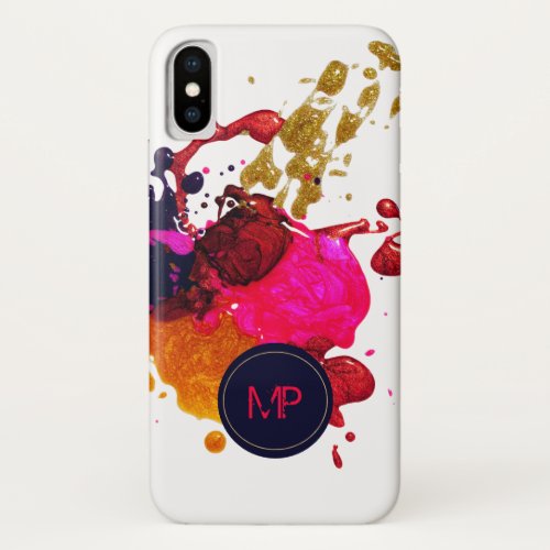 Pink Purple Gold Nailpolish Splatter Monogram iPhone X Case