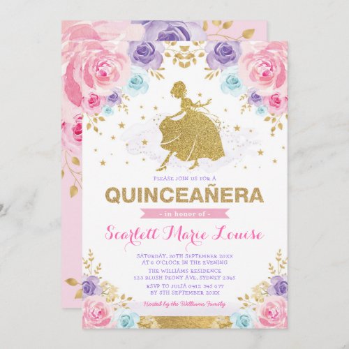Pink Purple Gold Roses Princess Quinceaera Invitation