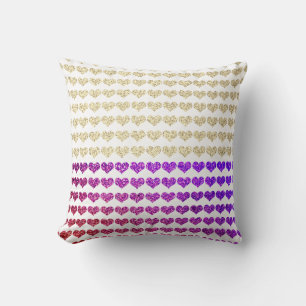 Pink Purple Gold Sparkly Glittery Hearts Patterns Throw Pillow