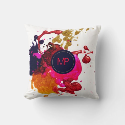 Pink Purple Gold Splatter Monogram Throw Pillow