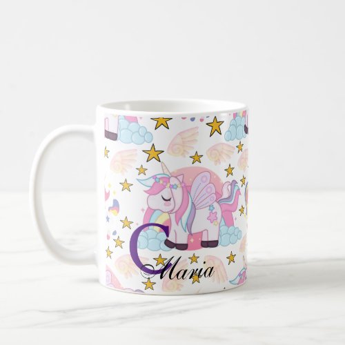 Pink Purple Gold Star Unicorn Name Monogram Coffee Mug