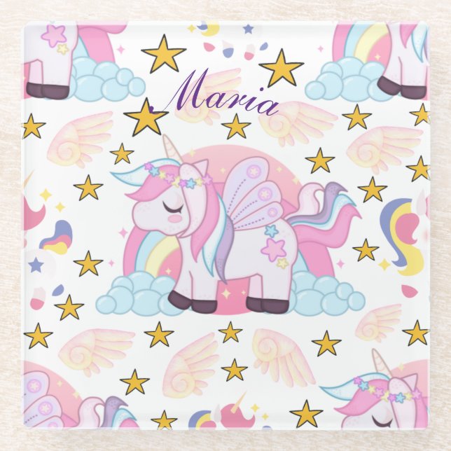 Pink Purple Gold Star Unicorn Name Monogram Glass Coaster (Front)
