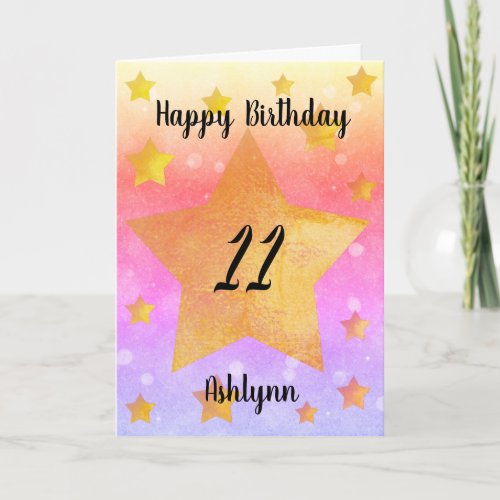 Pink Purple Gold Stars Watercolor 11th Birthday Card