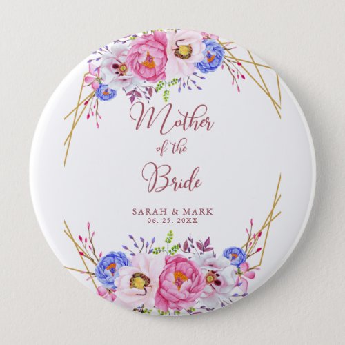 Pink Purple Gold Watercolor Floral Frame Wedding Button