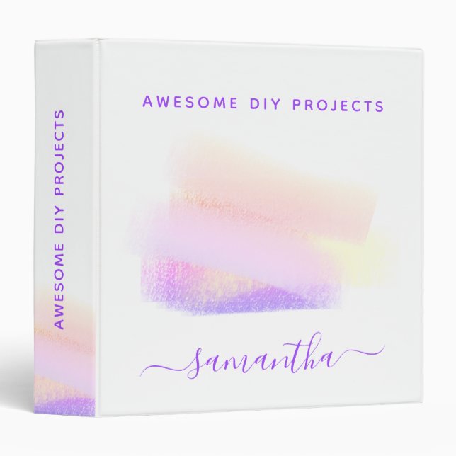 Pink purple golden brushstrokes name diy projects 3 ring binder (Front/Spine)