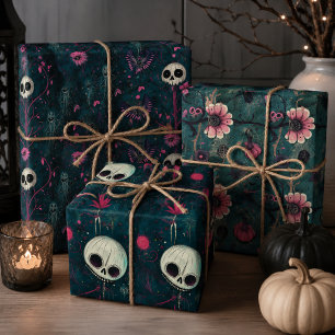Pink & Purple Gothic Halloween Skulls & Flowers Wrapping Paper Sheets