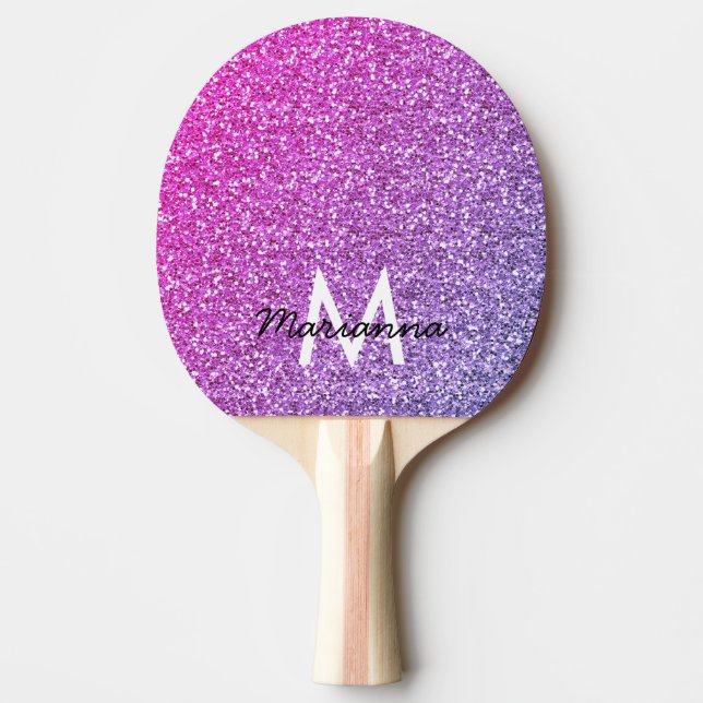 Pink Purple Gradient Glitter Girly Personalized Ping Pong Paddle (Front)