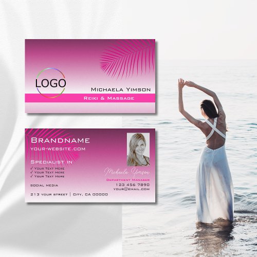 Pink Purple Gradient Palm Leaf with Logo and Photo Business Card