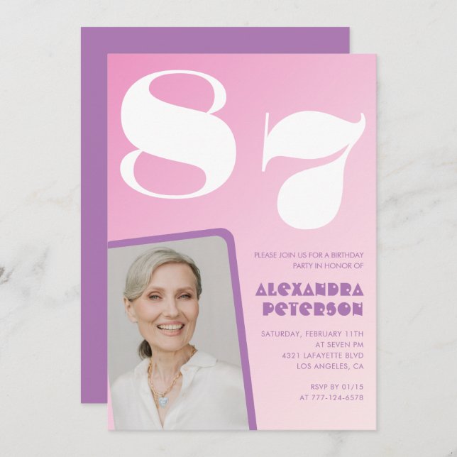 Pink Purple Gradient Photo 87th birthday Invitation (Front/Back)