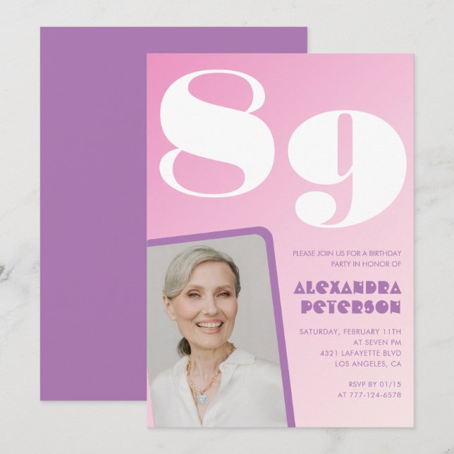 Pink Purple Gradient Photo 89th birthday Invitation (Front/Back)