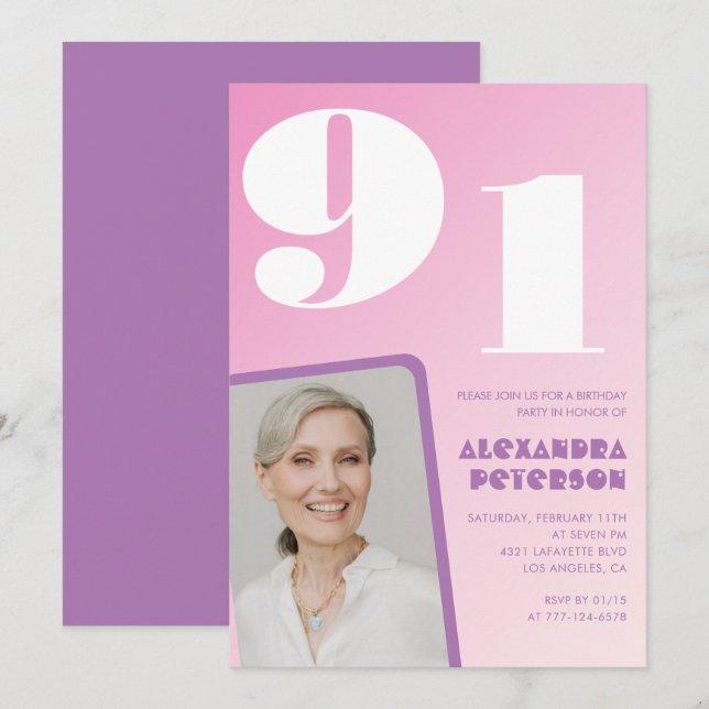 Pink Purple Gradient Photo 91st birthday Invitation (Front/Back)