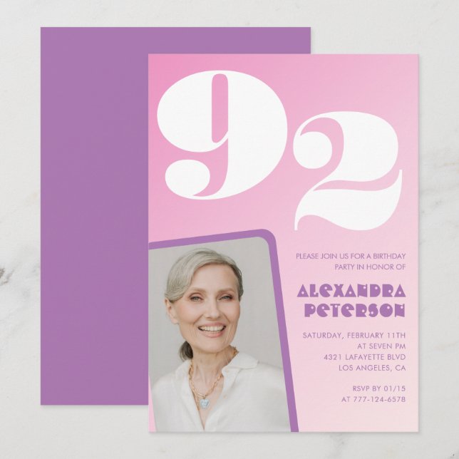Pink Purple Gradient Photo 92nd birthday Invitation (Front/Back)