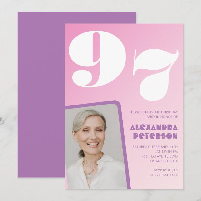 Pink Purple Gradient Photo 97th birthday Invitation (Front/Back)